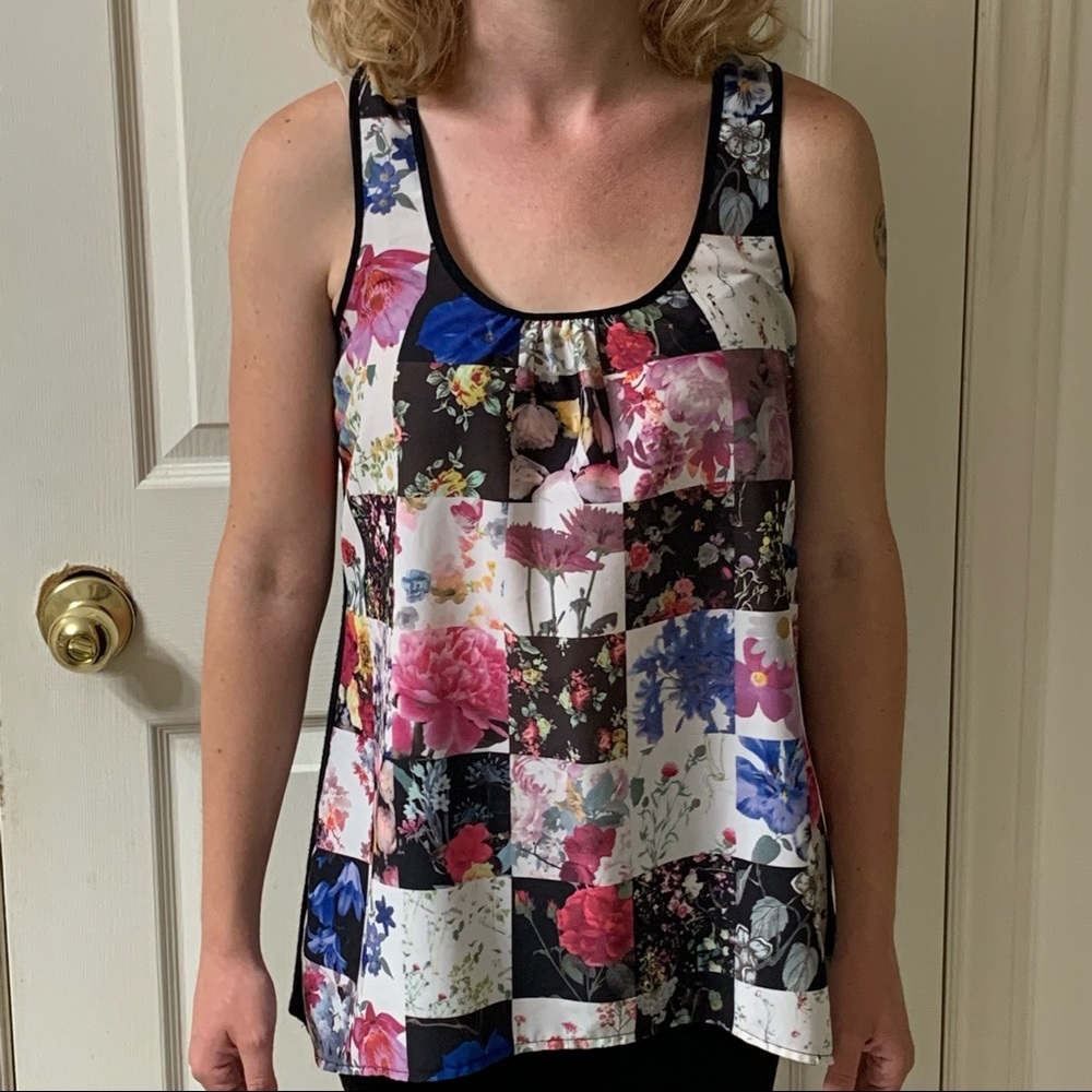 🌷3 for $25🌷Suzy Shier, US S, Black & Pink Floral Patchwork Sleeveless Tank Top